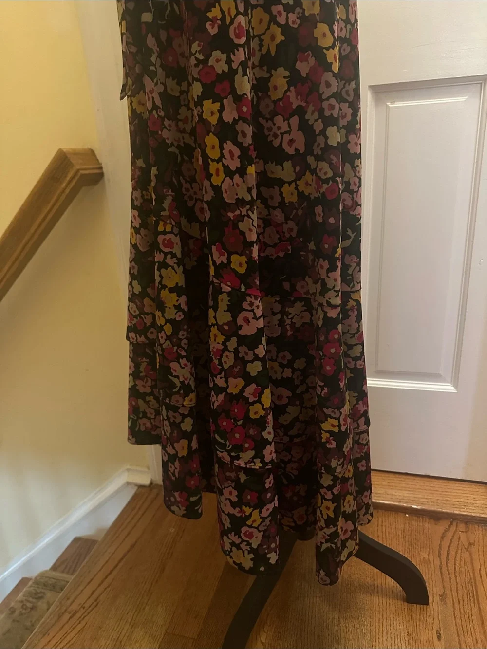 Ralph Lauren Black Floral Wrap Midi Dress with Pink & Yellow Blooms